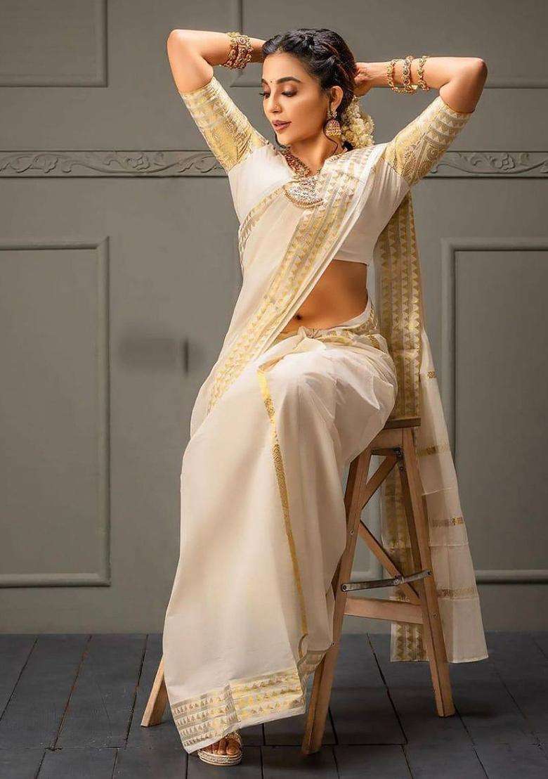Beige Woven Design Silk Saree Set for Diwali and Festive Wear - Indya