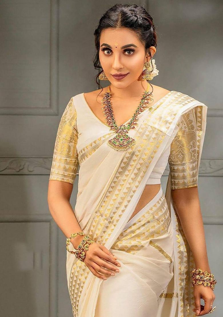 Beige Woven Design Silk Saree Set - Indya