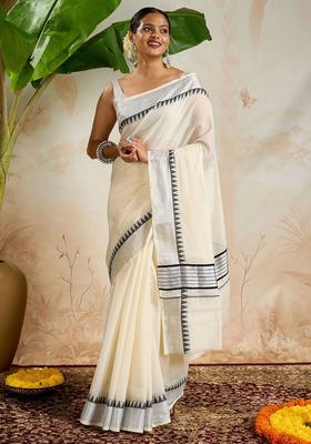 Off White Solid Cotton Saree Set