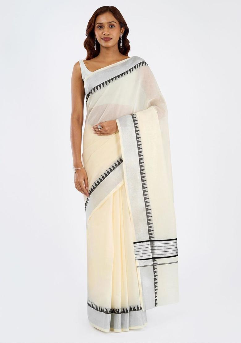 Off White Solid Cotton Saree Set - Indya