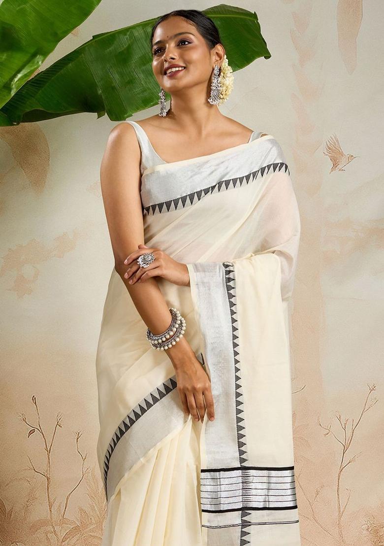 Off White Solid Cotton Saree Set - Indya