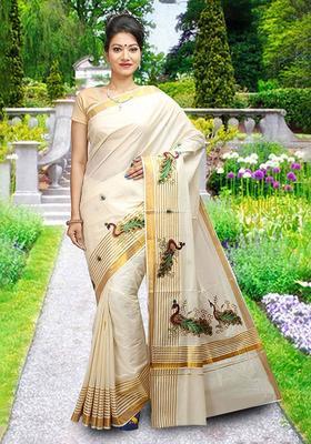 Off White Embroidered Cotton Saree Set