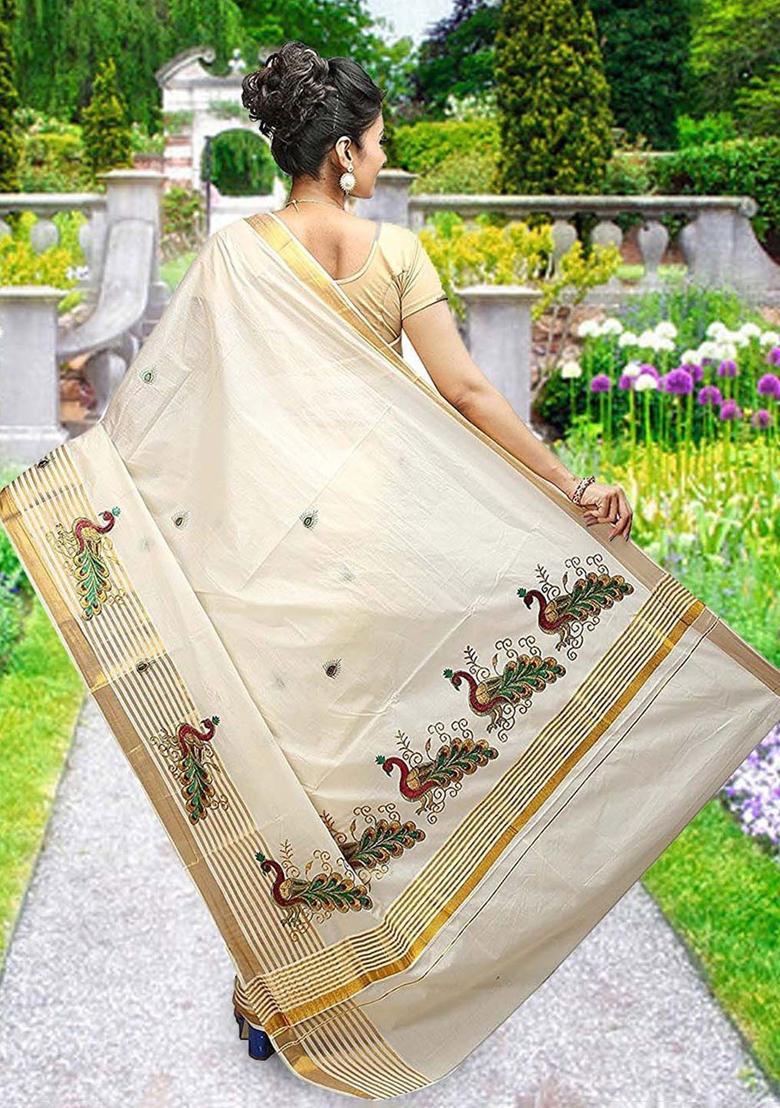 Off White Embroidered Cotton Saree Set - Indya
