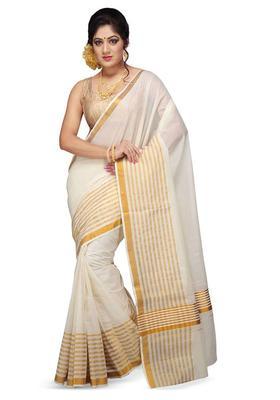 Off White Solid Cotton Saree Set