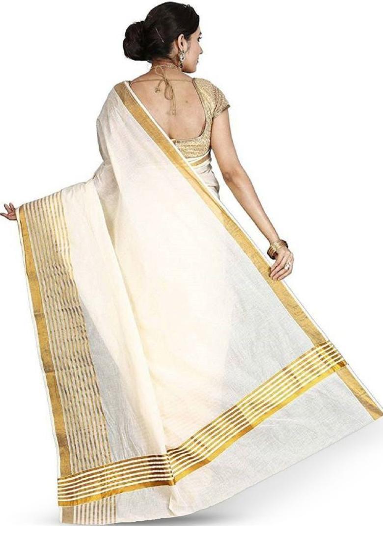 Off White Solid Cotton Saree Set - Indya