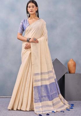 Cream Striped Cotton Saree Set