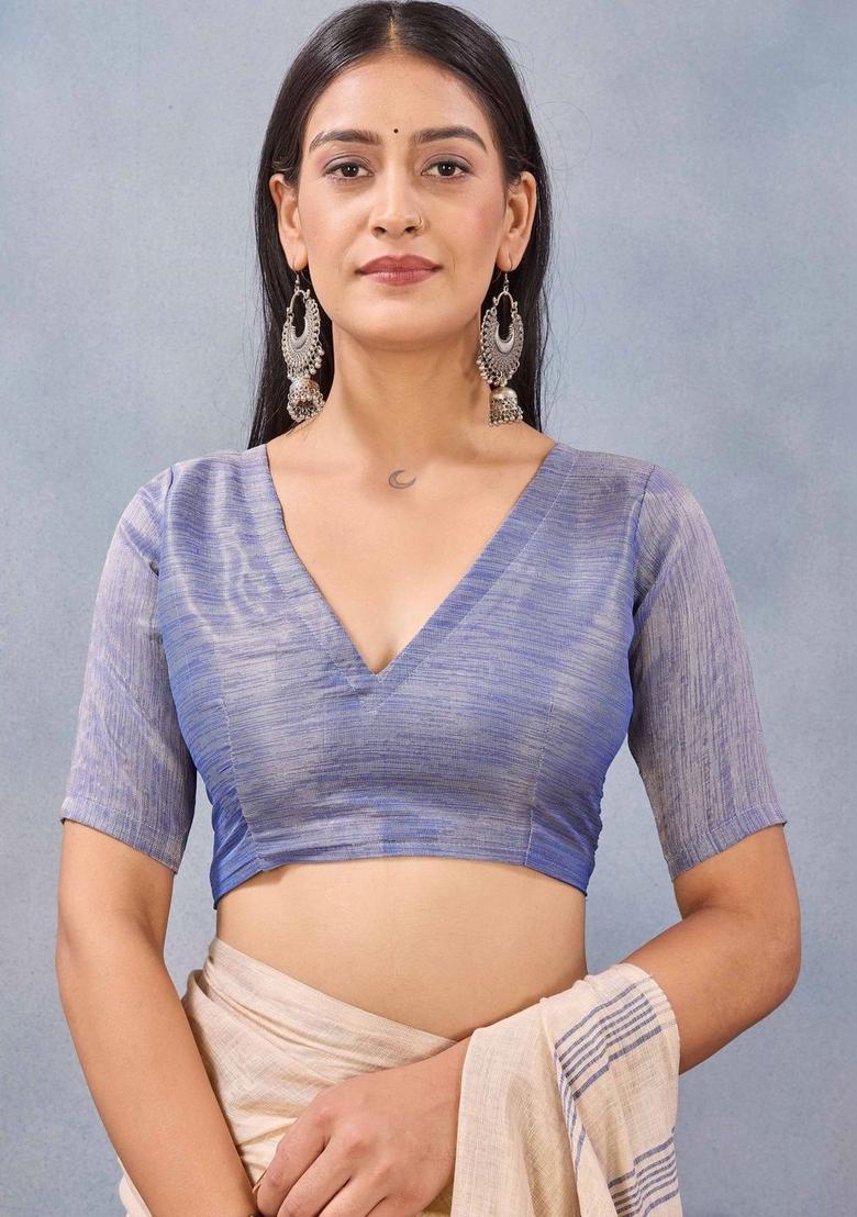 Cream Striped Cotton Saree Set - Indya