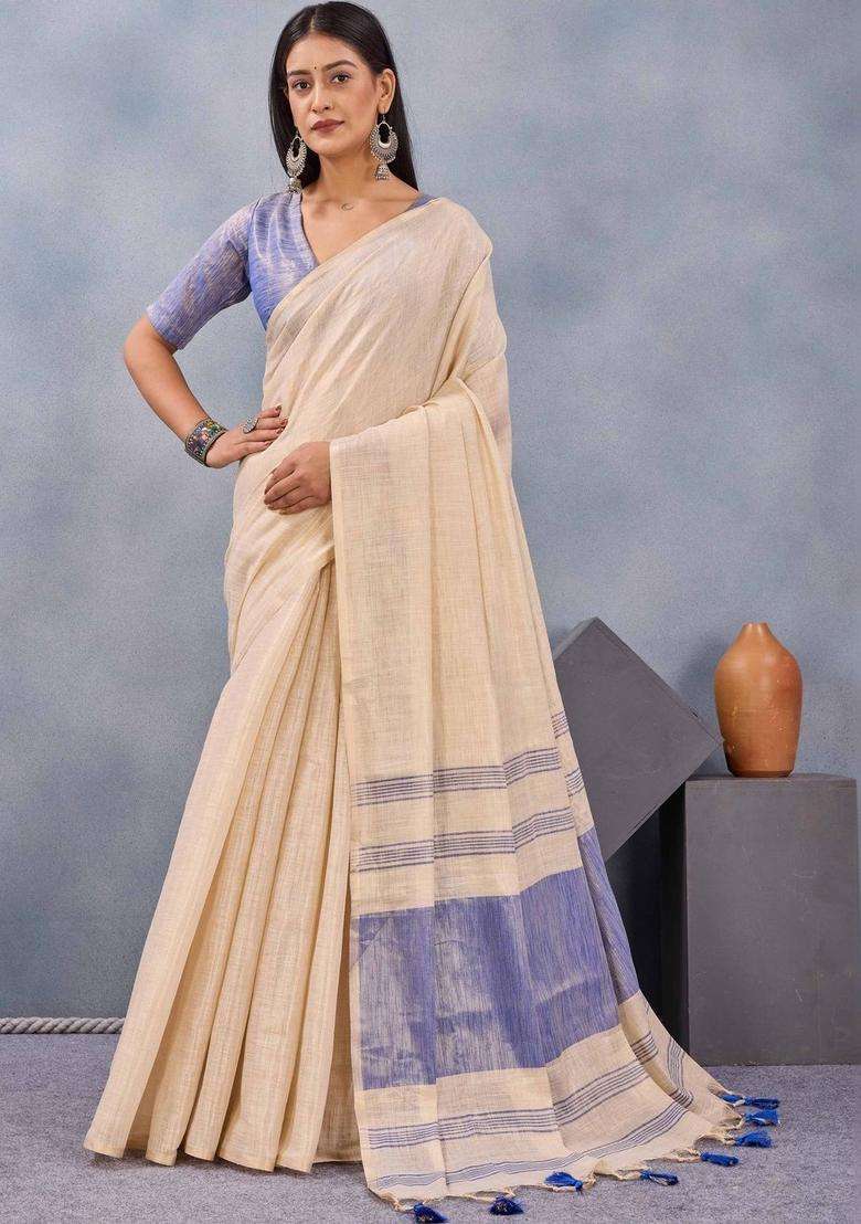 Cream Striped Cotton Saree Set for Diwali | Wedding & Festive Wear - Indya