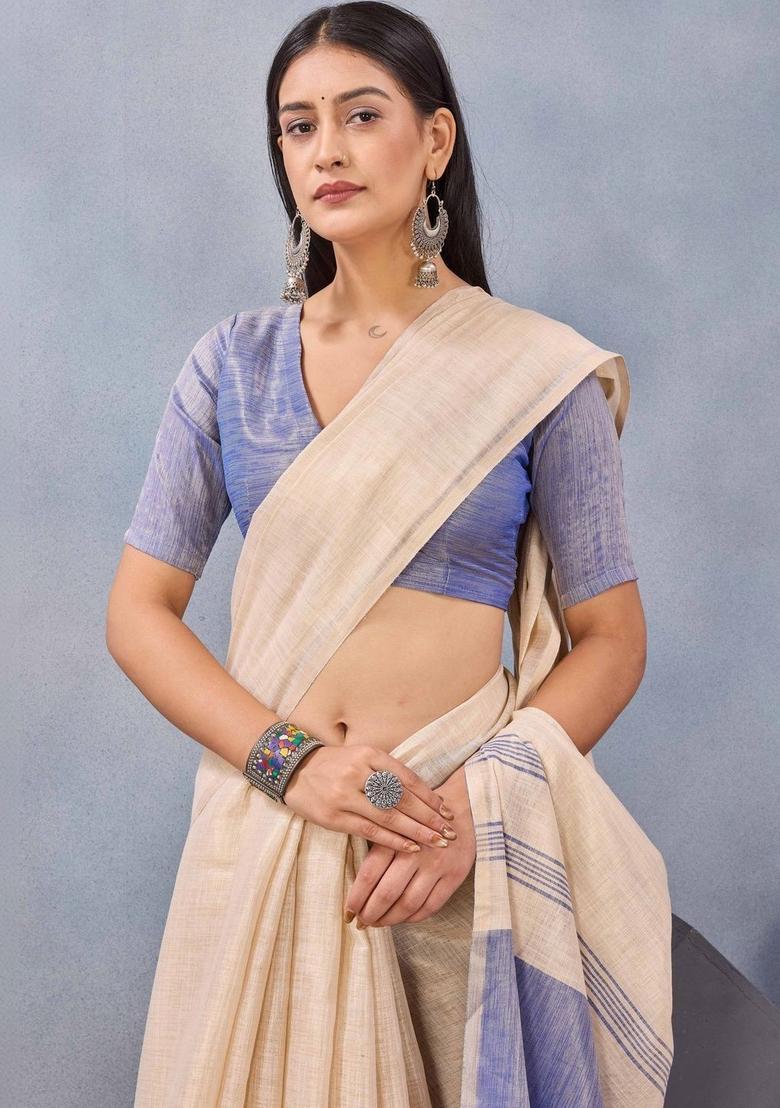 Cream Striped Cotton Saree Set - Indya