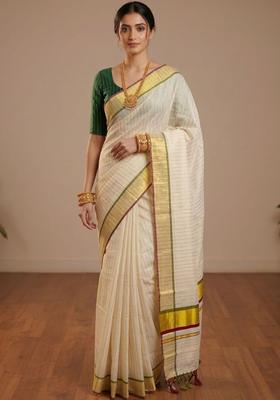 Off White Woven Design Tissue Saree Set