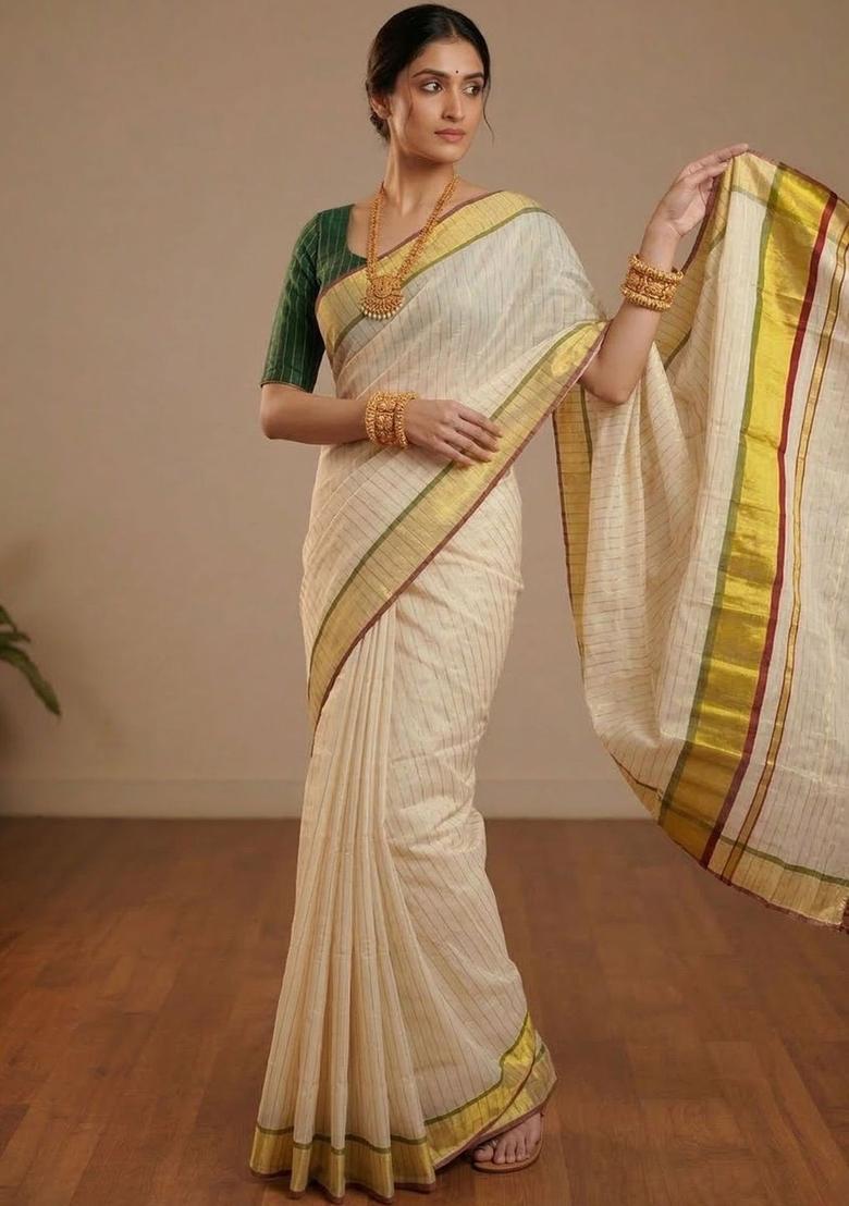 Off White Woven Design Tissue Saree Set - Indya