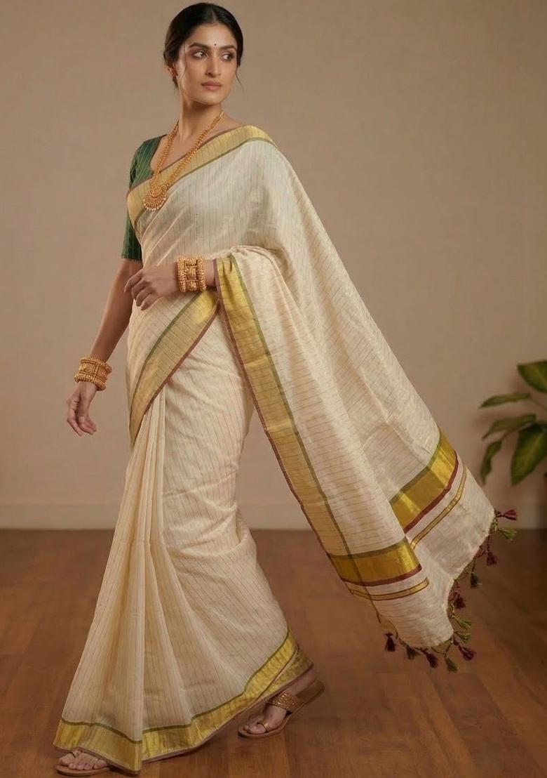 Off White Woven Design Tissue Saree Set - Indya