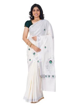 Off White Embroidered Cotton Saree Set