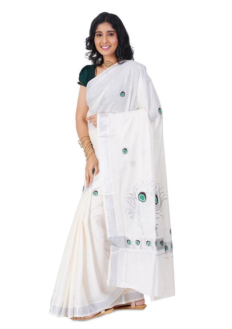 Off White Embroidered Cotton Saree Set - Indya