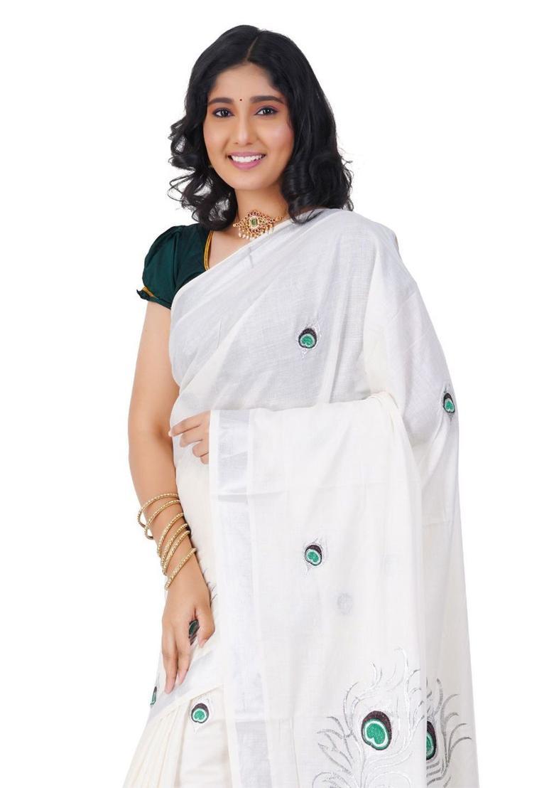 Off White Embroidered Cotton Saree Set - Indya