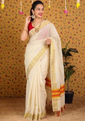Off White Checked Cotton Saree Set