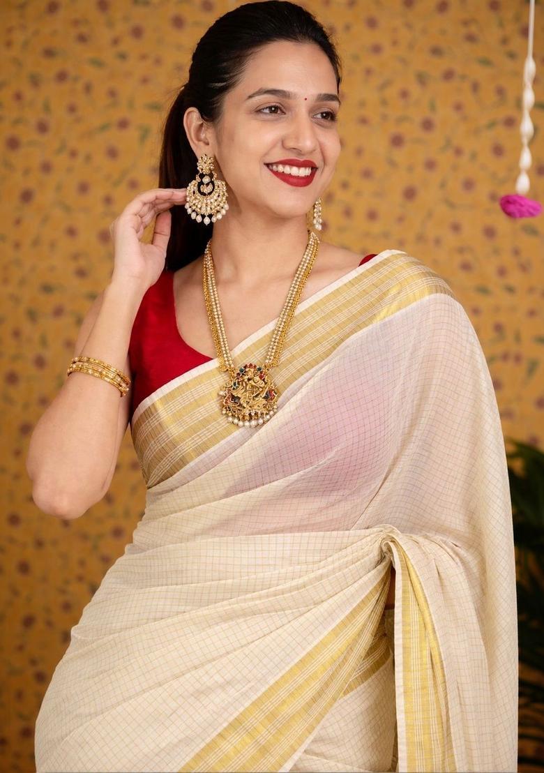 Off White Checked Cotton Saree Set - Indya