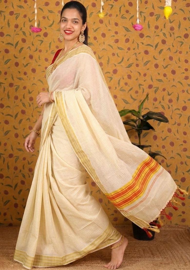 Off White Checked Cotton Saree Set - Indya