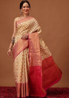 Cream Woven Design Silk Saree Set