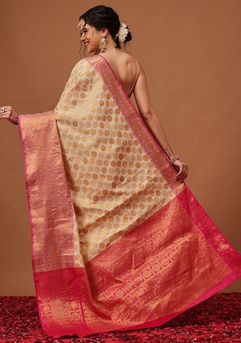 Cream Woven Design Silk Saree Set - Indya