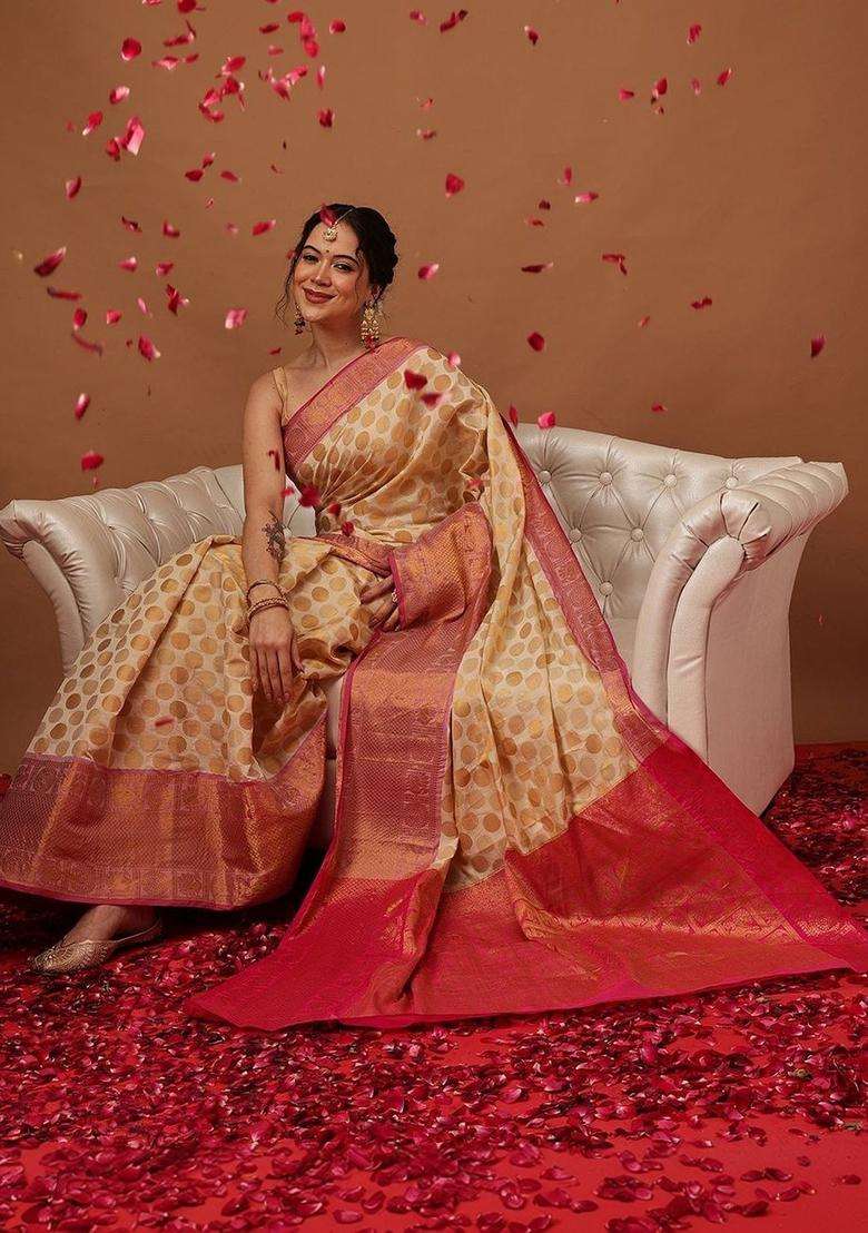 Cream Woven Design Silk Saree Set for Diwali | Wedding & Festive Wear - Indya