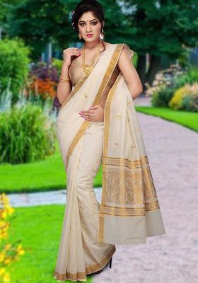 Off White Woven Design Cotton Saree Set