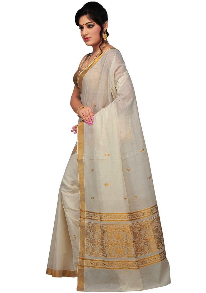 Off White Woven Design Cotton Saree Set - Indya