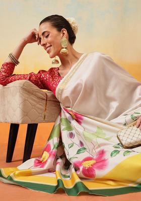 Off White Printed Silk Saree Set