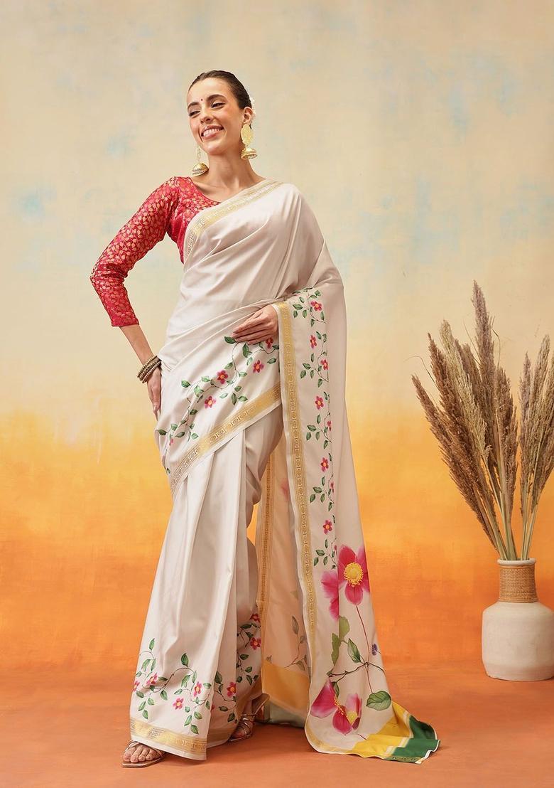 Off White Printed Silk Saree Set - Indya