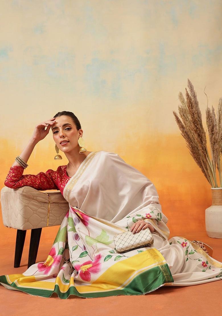 Off White Printed Silk Saree Set - Indya