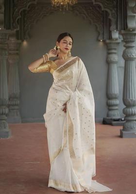 White Woven Design Silk Saree Set