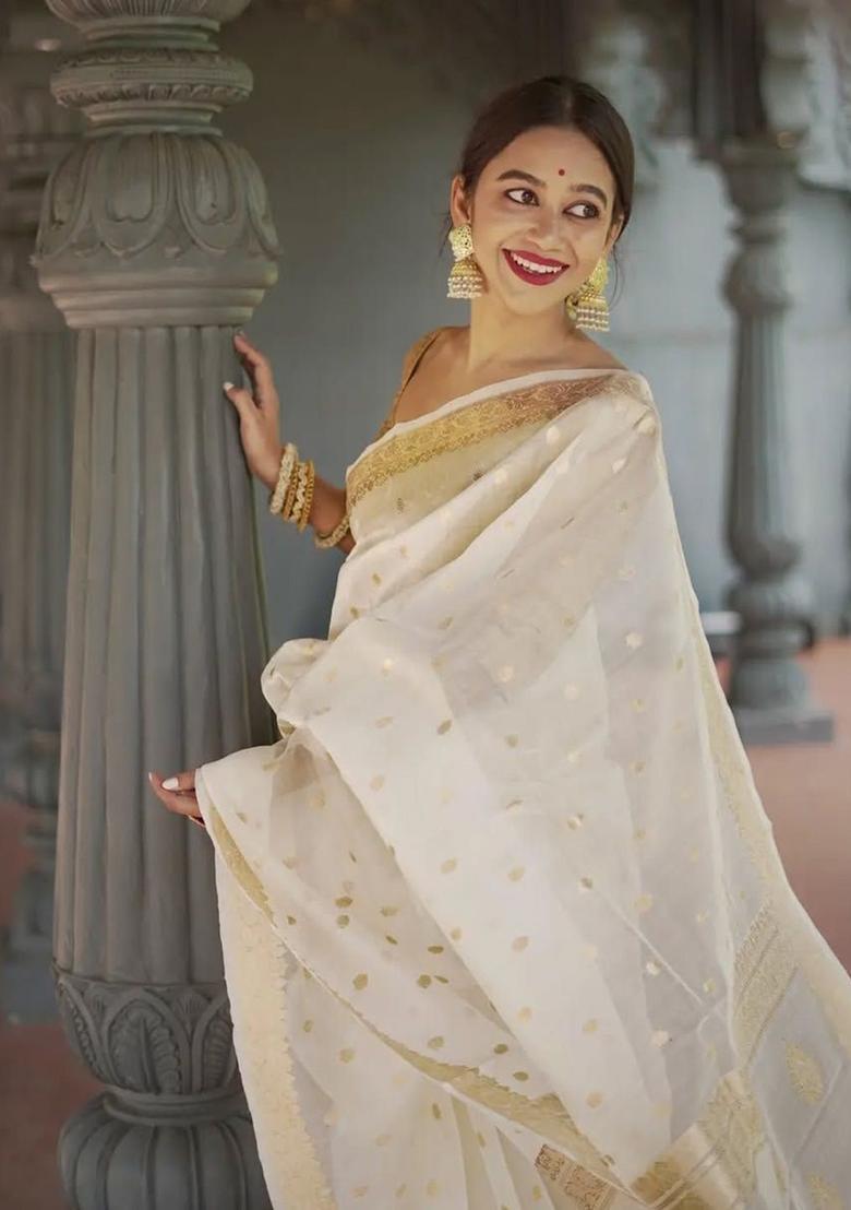 White Woven Design Silk Saree Set - Indya