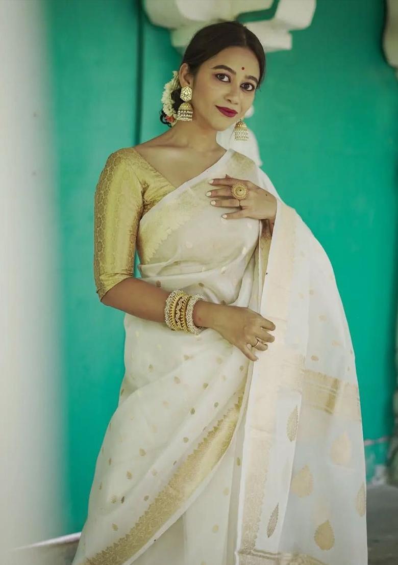 White Woven Design Silk Saree Set - Indya
