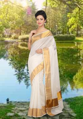 Off White Solid Cotton Saree Set