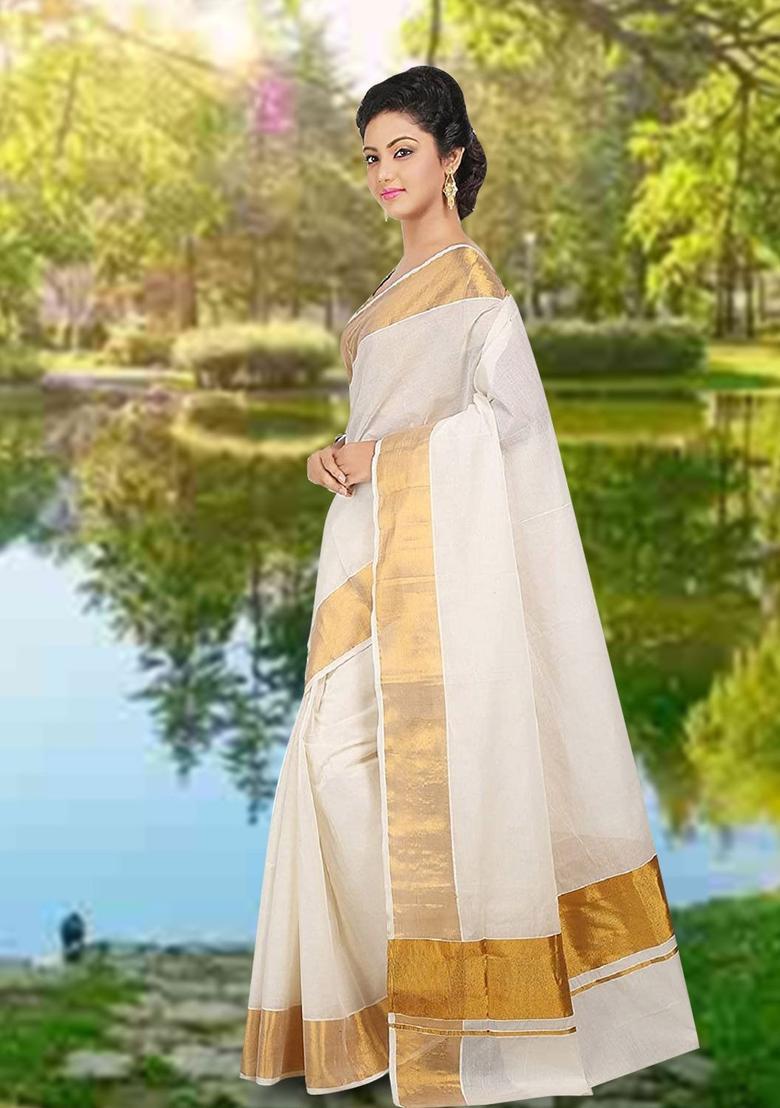 Off White Solid Cotton Saree Set - Indya