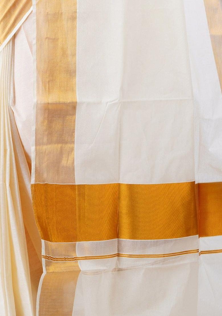 Off White Solid Cotton Saree Set - Indya