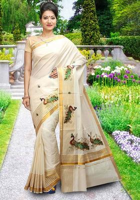 Off White Embroidered Cotton Saree Set