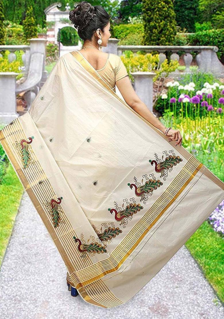 Off White Embroidered Cotton Saree Set - Indya