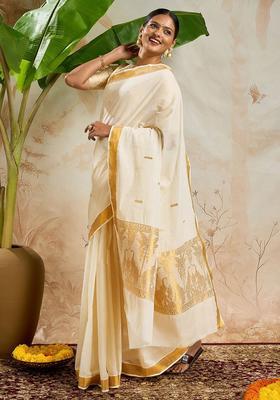 Off White Woven Design Cotton Saree Set