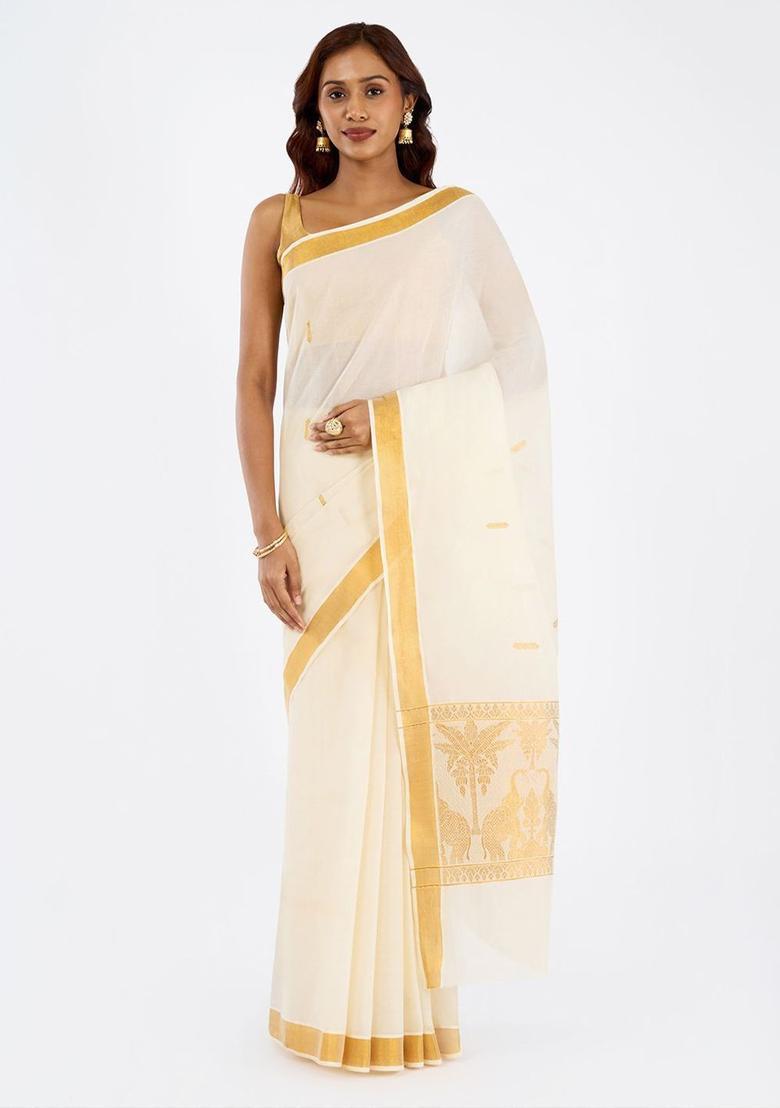 Off White Woven Design Cotton Saree Set - Indya