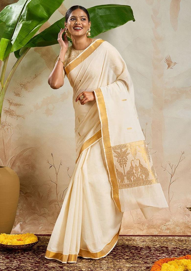 Off White Woven Design Cotton Saree Set - Indya