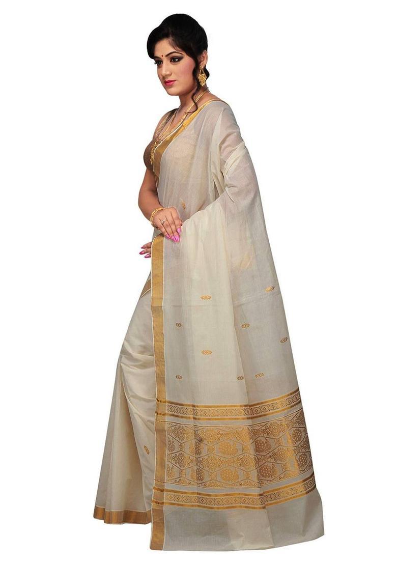 Off White Woven Design Cotton Saree Set - Indya
