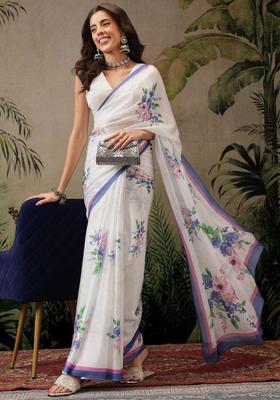 White Printed Satin Saree Set