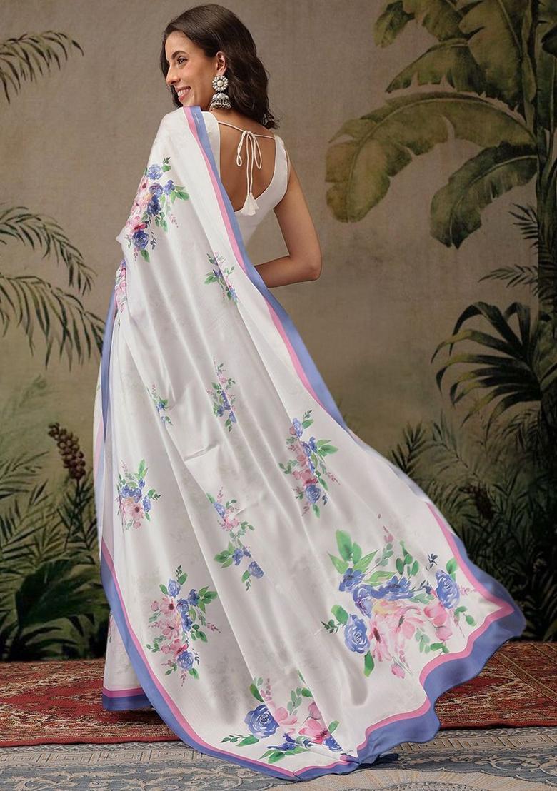 White Printed Satin Saree Set - Indya