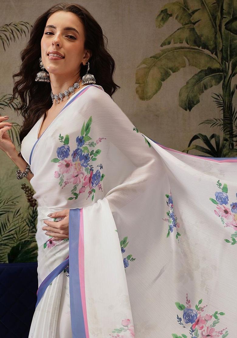 White Printed Satin Saree Set - Indya