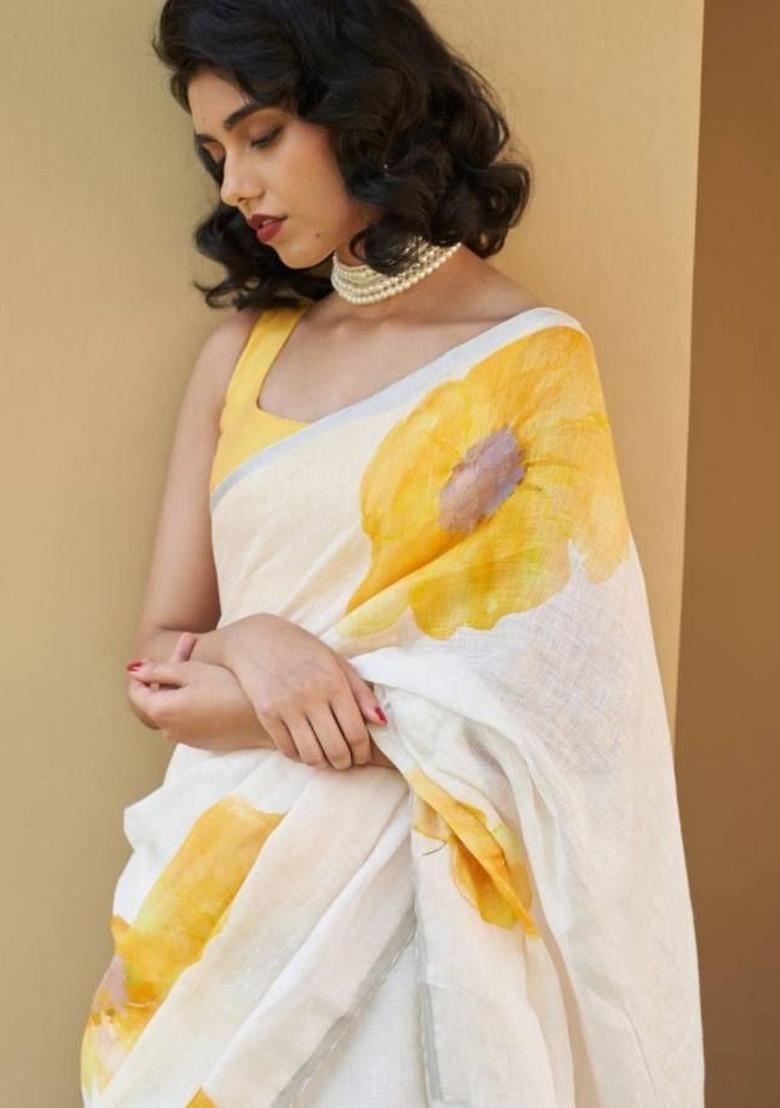 Off White Printed Linen Saree Set - Indya