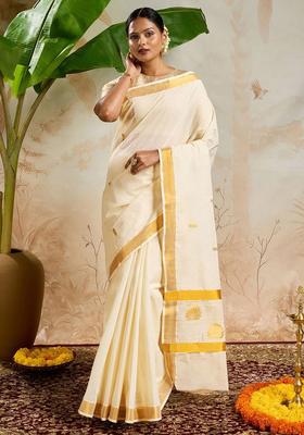 Off White Woven Design Cotton Saree Set