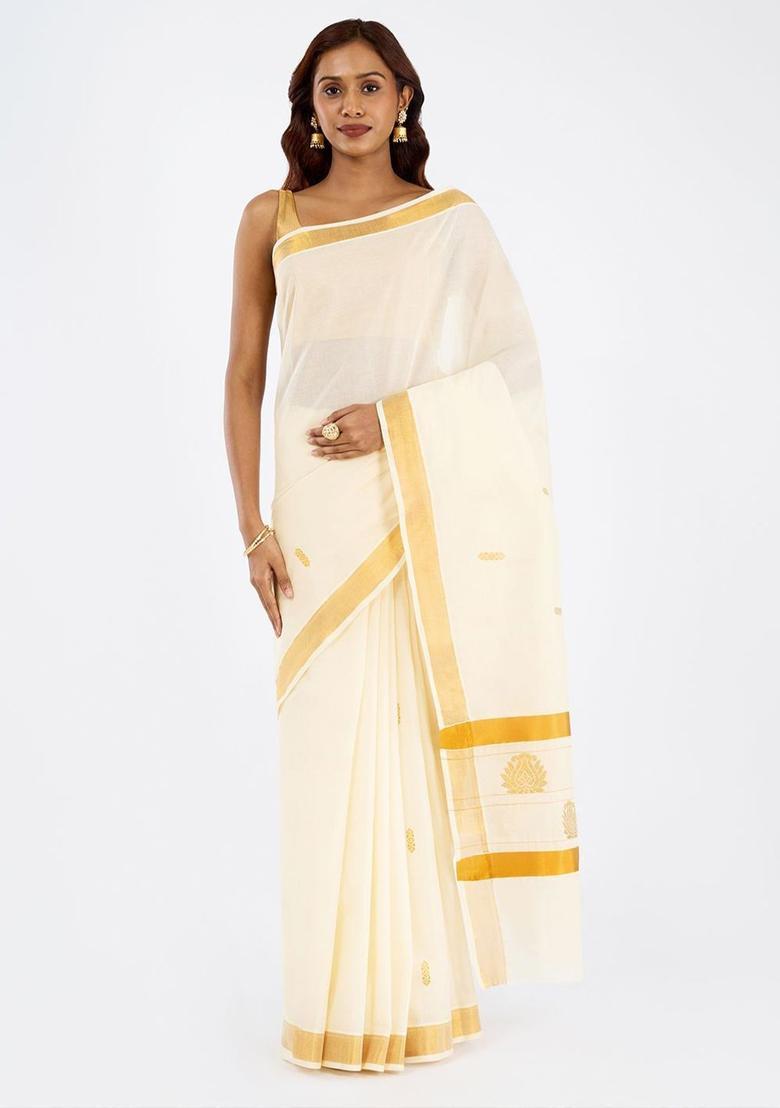Off White Woven Design Cotton Saree Set - Indya