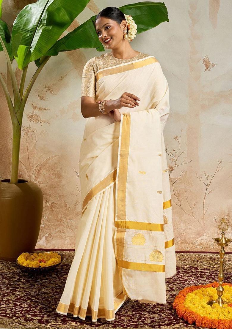 Off White Woven Design Cotton Saree Set - Indya