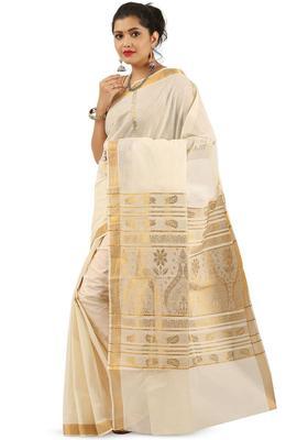 Off White Woven Design Cotton Saree Set